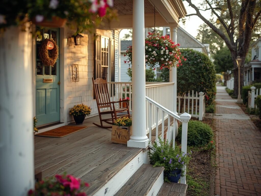 Cozy front porch of a walkable in‑town inn in St. Michaels, Maryland, with a rocking chair, hanging flower baskets, and a brick sidewalk leading toward neighboring homes.