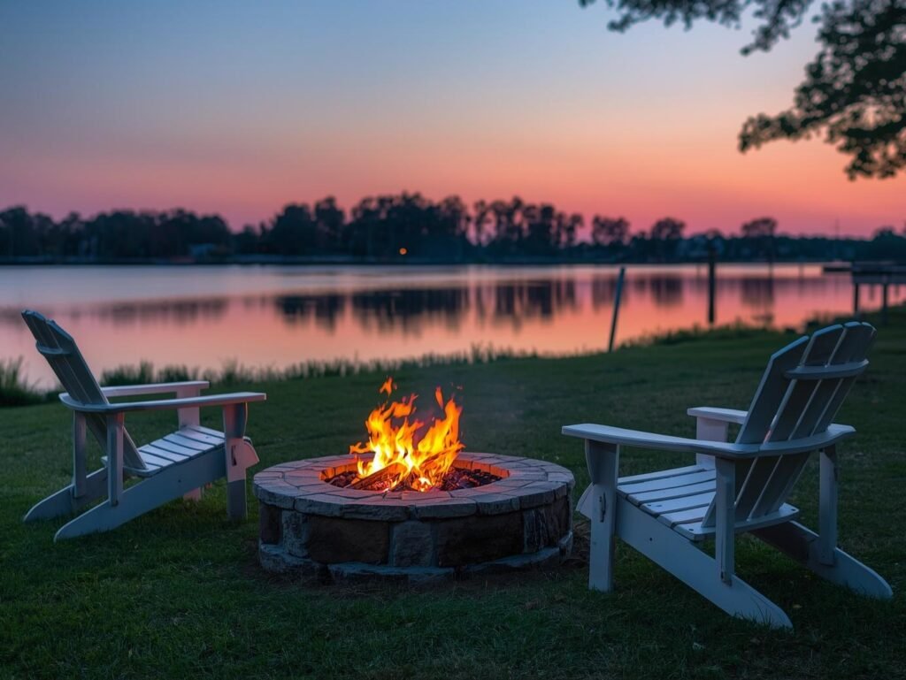 Waterfront firepit with two Adirondack chairs overlooking calm water at sunset, suggesting a relaxing St. Michaels, Maryland resort stay