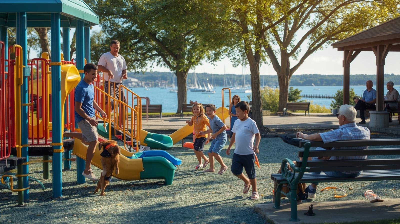 Kids playing on a waterfront playground while adults relax on benches and under a pavilion in a small Chesapeake Bay town park