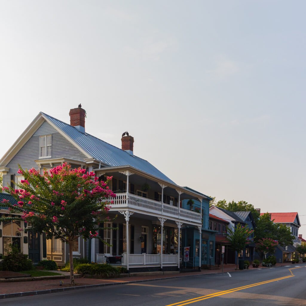 Historic homes and shops along Talbot Street in St. Michaels on a quiet morning during a family weekend trip