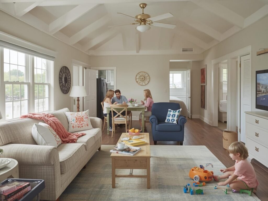 Family relaxing in a bright vacation rental cottage living room with an open kitchen and dining area, while a young child plays on the rug in front.