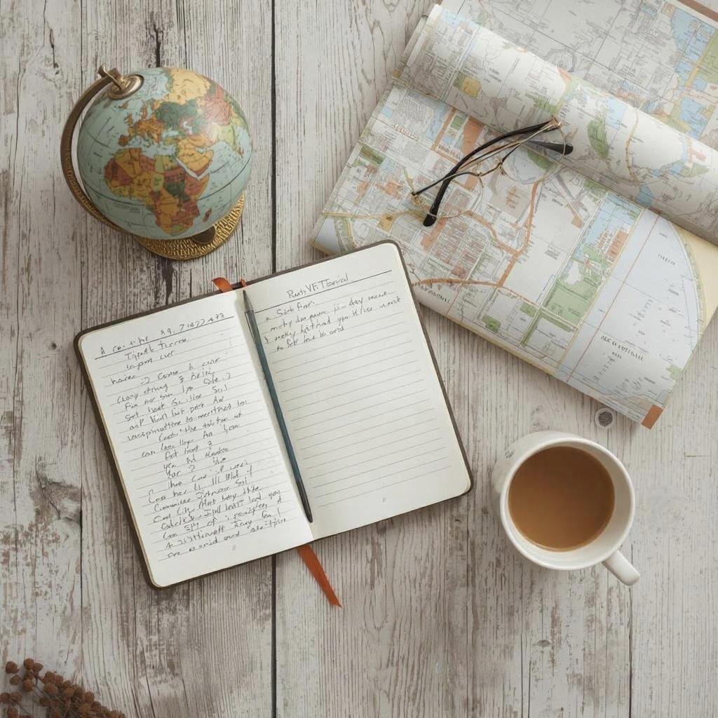 Open notebook, small globe, folded city map, and a cup of coffee on a wooden table, suggesting planning a trip.
