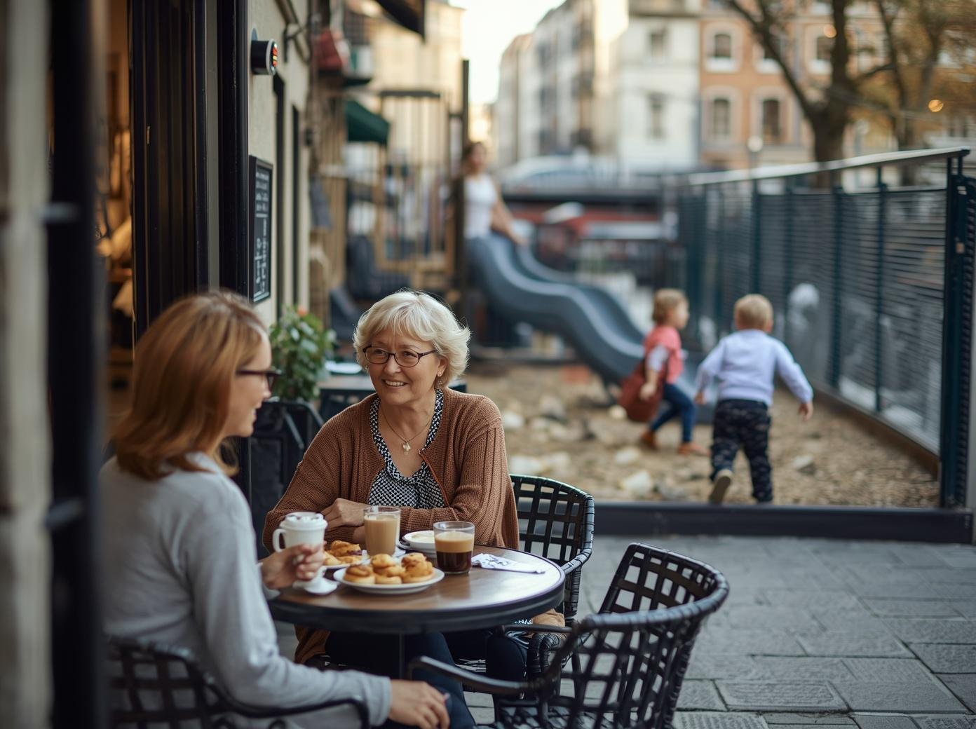 Multigenerational family at an outdoor cafe next to a playground, with a toddler