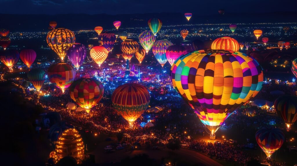 Colorful hot air balloons glowing at night over a large crowd during the Albuquerque International Balloon Fiesta in New Mexico.