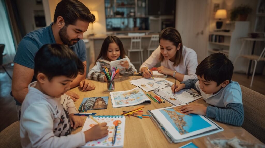 Family with young children doing travel-themed coloring and trip planning at the kitchen table