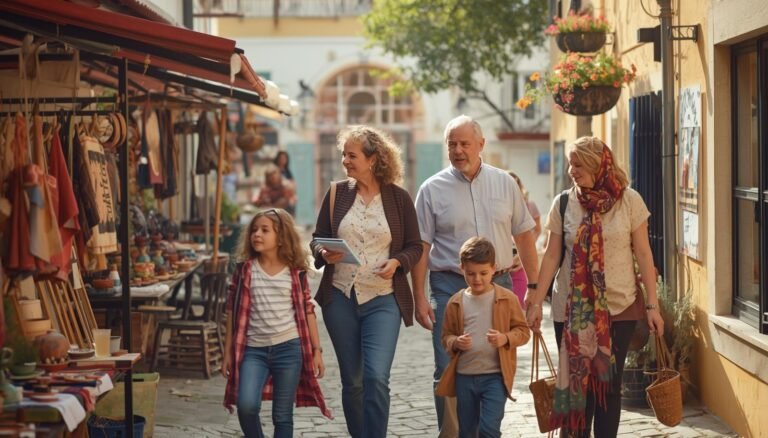 Multigenerational family walking through a colorful outdoor market street, browsing handmade crafts together