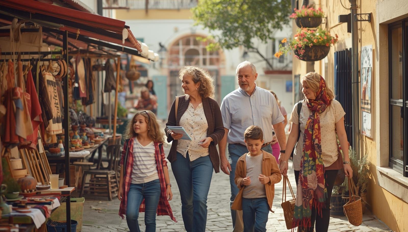 Multigenerational family walking through a colorful outdoor market street, browsing handmade crafts together