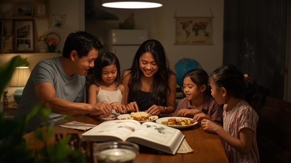 Family sharing a meal at home with a cookbook and travel decor on the table