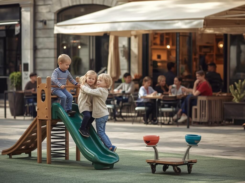 Young children playing on a small playground while adults sit at an outdoor cafe just behind them in a pedestrian plaza