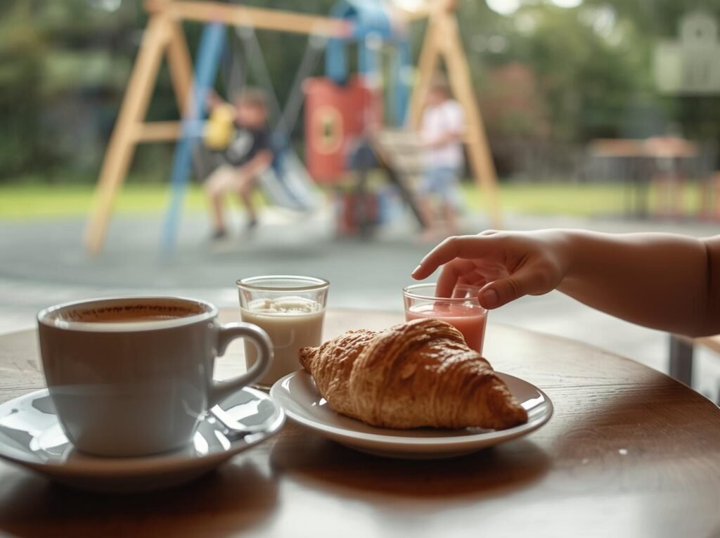 Coffee and croissant at a cafe table while children play on a playground just outside, seen through the window