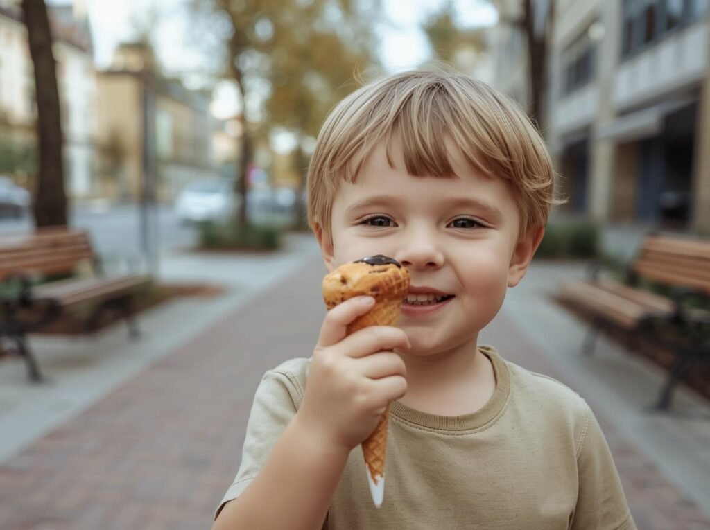 Young child holding an ice cream cone on a quiet city path with benches in the background after a short walk