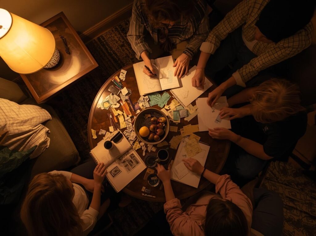 Overhead view of a family gathered around a small table in a cozy room, sketching and arranging paper scraps under a warm lamp, turning their travel stay into a creative studio for the evening.