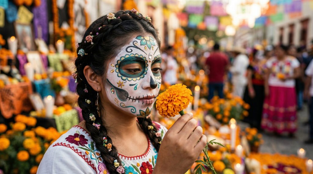 Person holding a marigold flower in front of a colorful Día de los Muertos altar on a street in Oaxaca, Mexico, with candles and people in the background.