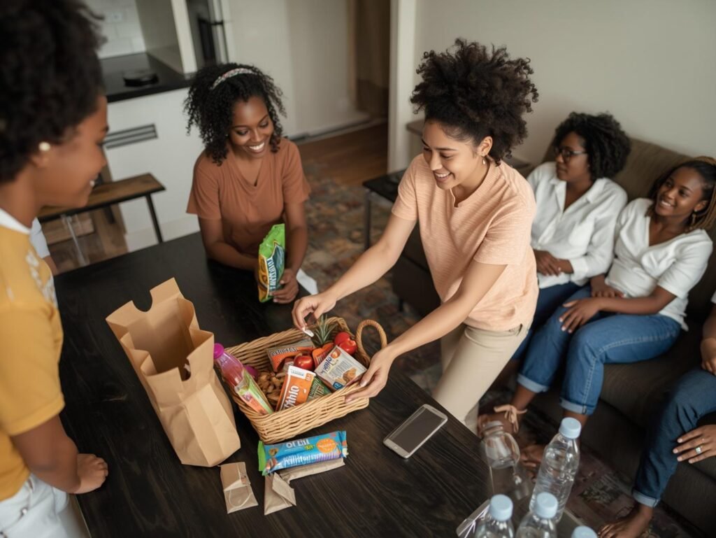 Teen helping unpack and organize snacks into a basket on a hotel table while family members sit on the couch nearby with water bottles.