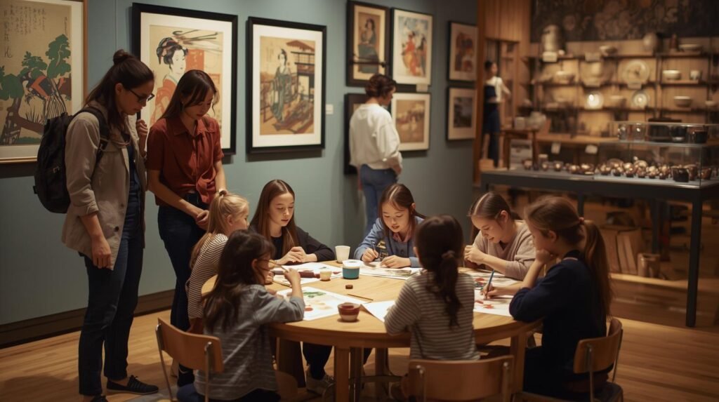 Children sitting at a table in an art museum creating paintings after viewing cultural artworks with their families