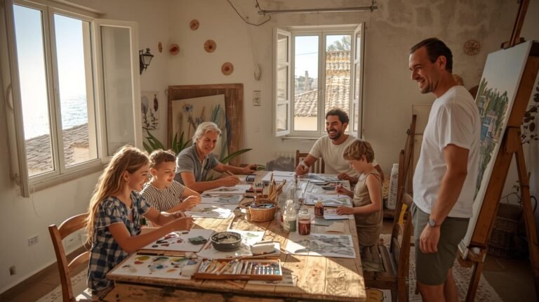 Family art workshop in a Mediterranean coastal studio, with kids and adults painting together under the guidance of a local artist.
