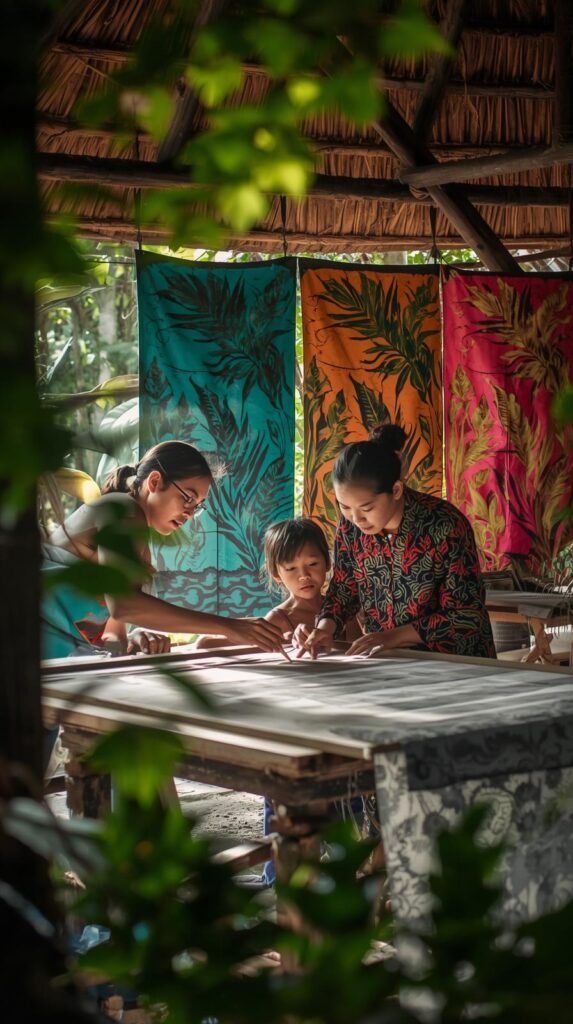 Child and adult working together on batik in an Ubud studio, with bright turquoise, orange, and magenta batik fabrics hanging in the background.