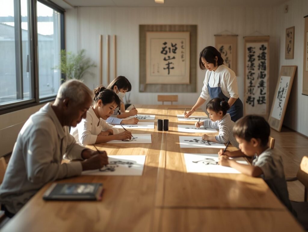 Family learning Japanese calligraphy together in a bright Tokyo studio with a local teacher guiding children and adults.