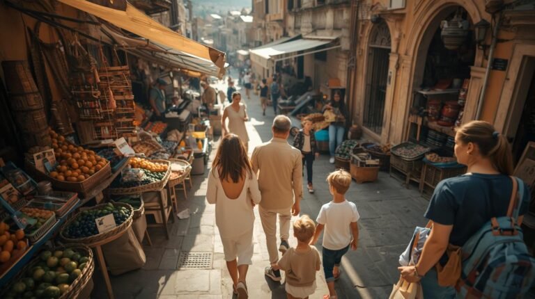 Family walking through a colorful market street during a cultural travel day together