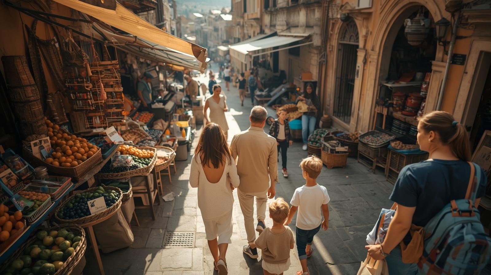 Family walking through a colorful market street during a cultural travel day together