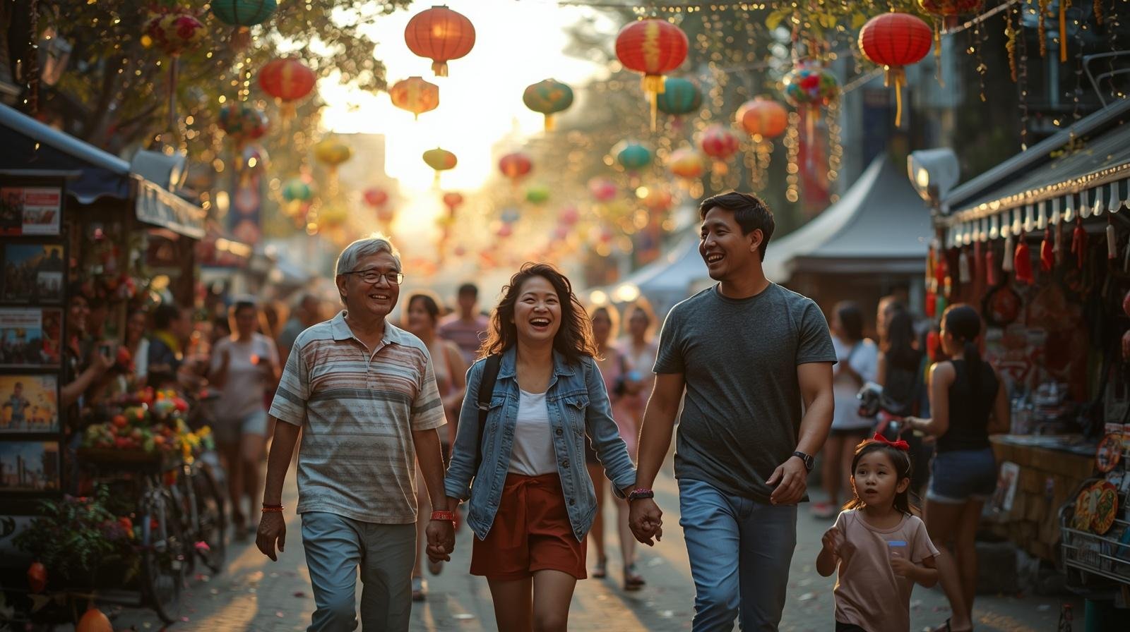 Multigenerational family walking hand in hand through a colorful lantern‑lit street festival at sunset, surrounded by crowds and market stalls.