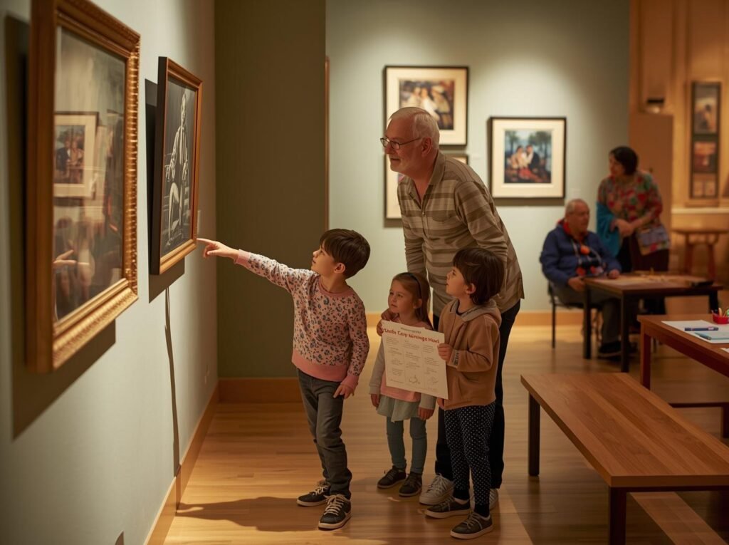 Grandparent and children exploring paintings in a small art museum, with one child holding a simple scavenger hunt sheet