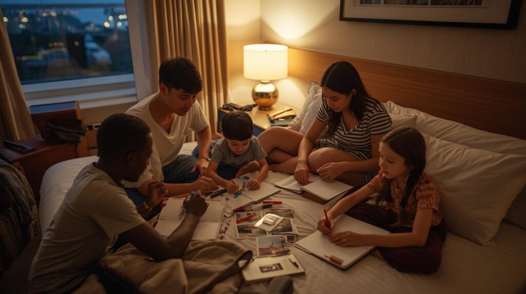 Family with kids journaling and sorting trip photos together on a hotel bed during an evening travel break