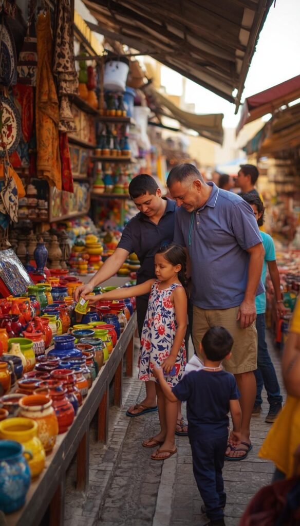 Family browsing colorful ceramic pots at a busy outdoor market, choosing small souvenirs together