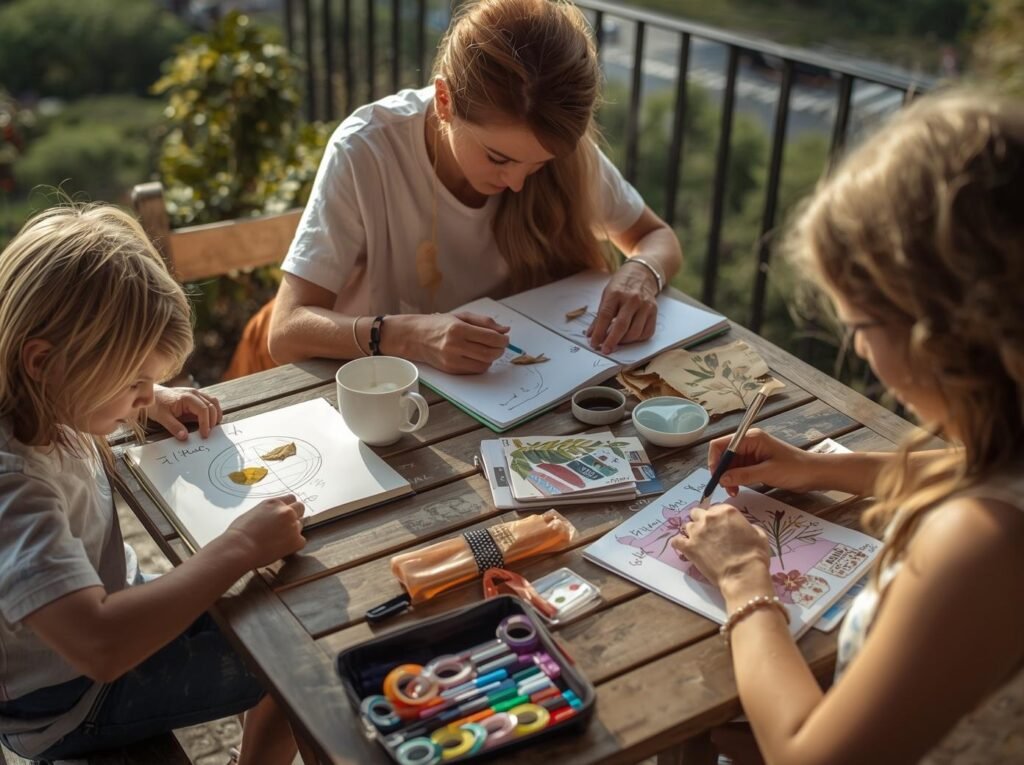 Family sitting at an outdoor table in the morning, with children and an adult sketching breakfast foods and nature finds in travel journals using a shared art kit.