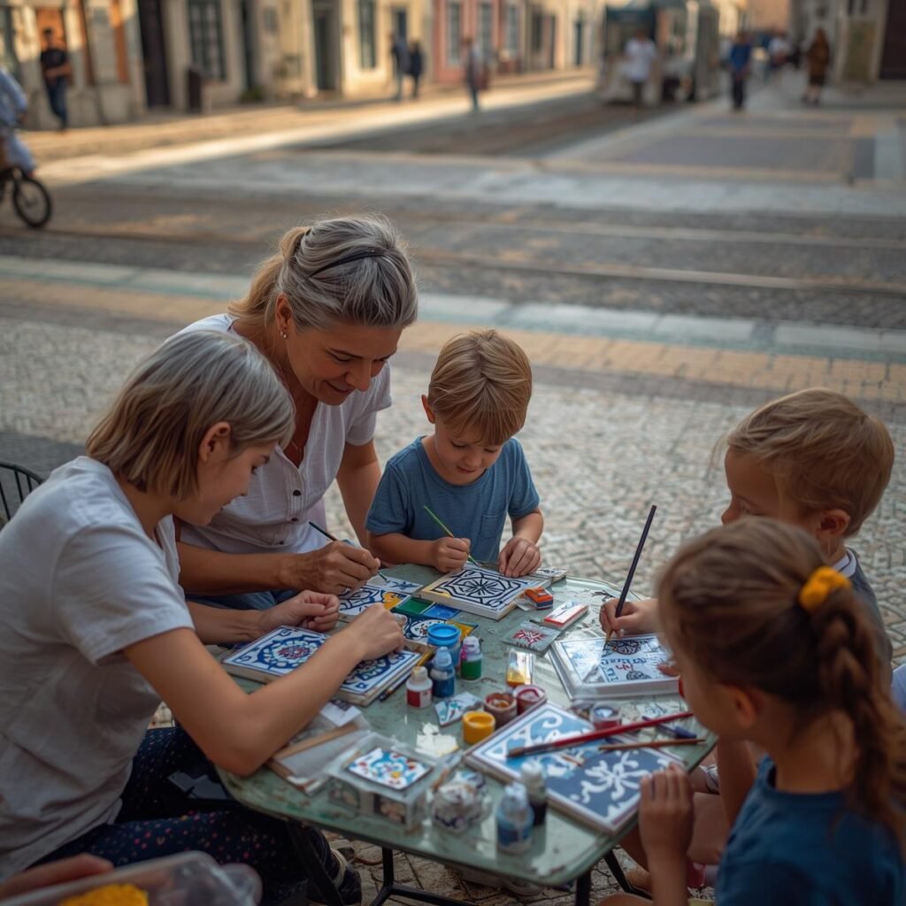 Children and an adult painting decorative ceramic tiles at a small table on a city street