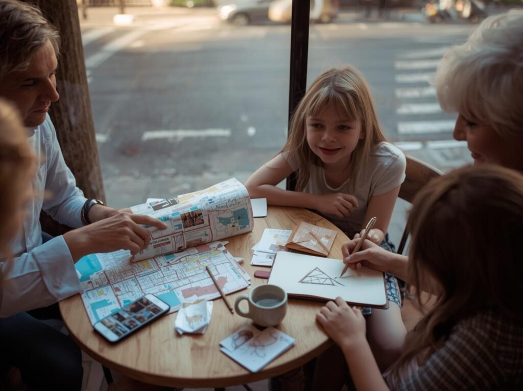 amily sitting at a café table with a city map, phone photos, and a sketchbook, planning or recapping an art-inspired day of museums and markets