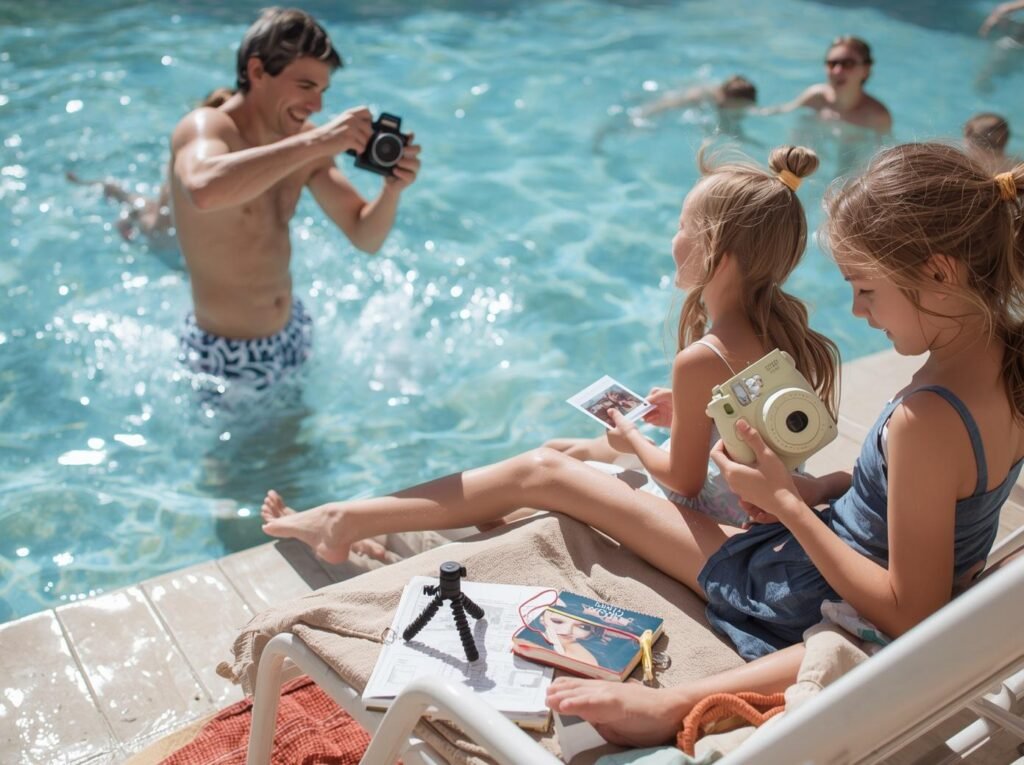 Parent in a swimming pool taking photos with a small camera while two kids sit on a lounge chair holding an instant camera and looking at printed photos, with a mini tripod and notebook on the towel.