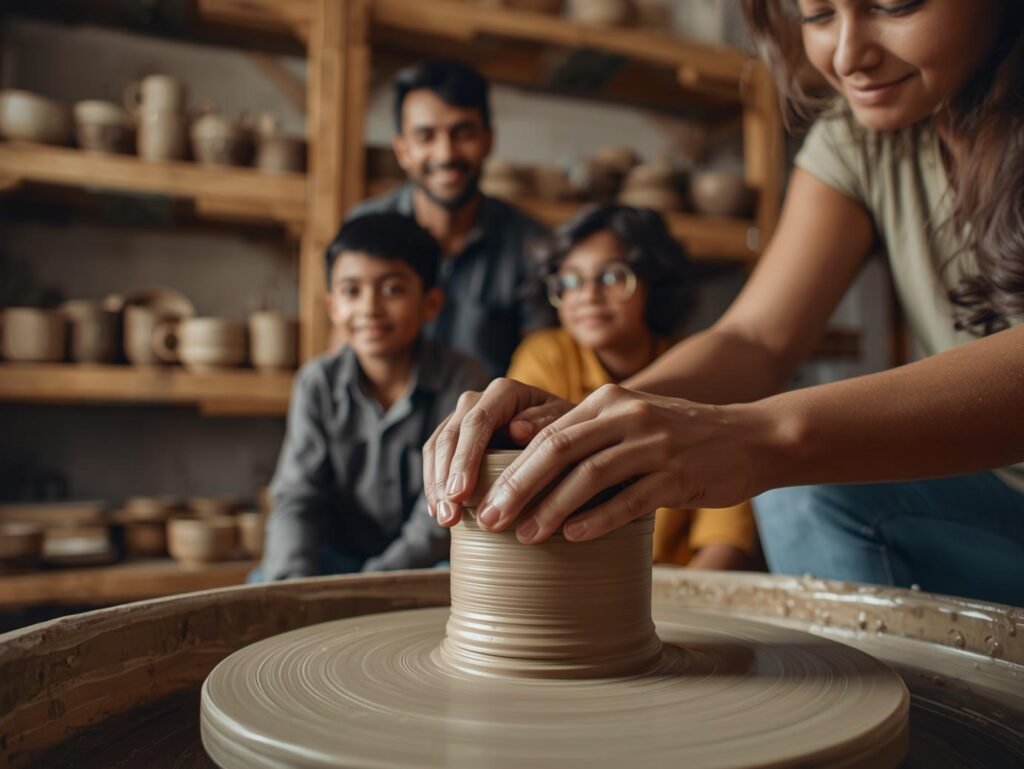 Close-up of an instructor’s hands shaping clay on a pottery wheel with children watching in a studio filled with handmade mugs and bowls.