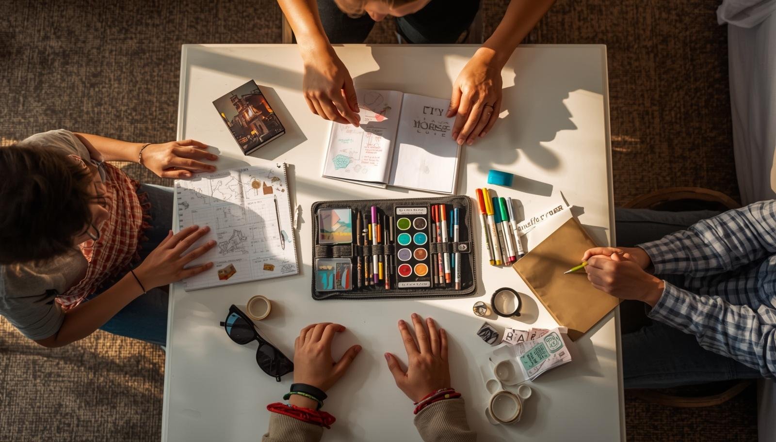 Overhead view of several family members gathered around a table using a shared travel art kit, sketchbooks, and stickers to journal their trip.