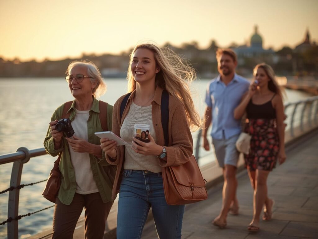 Family walking together along a waterfront promenade at sunset, chatting and taking photos after a relaxed day on vacation.