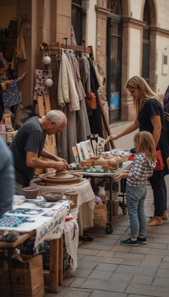 Parent and child watching a local potter work at a wheel at an outdoor market, choosing small handmade pieces from the table