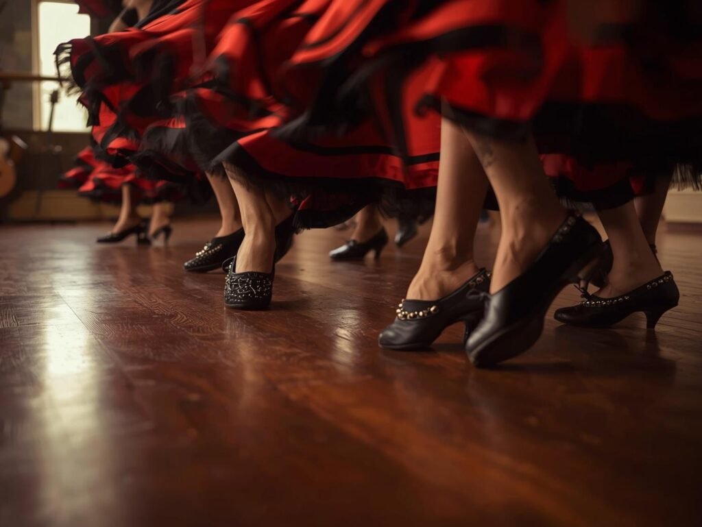 Close-up of flamenco dancers’ feet in black shoes with swirling red skirts moving across a wooden studio floor in Seville.