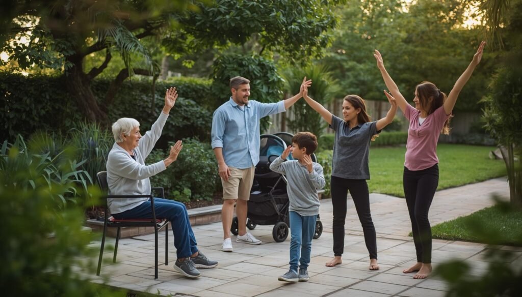 Multigenerational family doing gentle stretches together in a garden, with an older adult seated in a chair and younger family members standing nearby