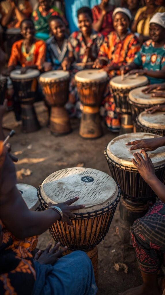 Close-up of hands playing djembes in a Ghanaian drumming circle, with children and adults sitting together in colorful clothing.