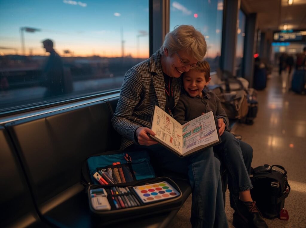 Grandparent and child sitting together at an airport at sunset, looking through a colorful travel journal with an open art kit beside them on the seat.