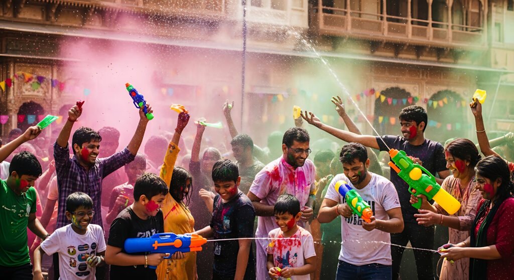 Children and adults celebrating Holi in India with colorful powders and water guns in a crowded street.