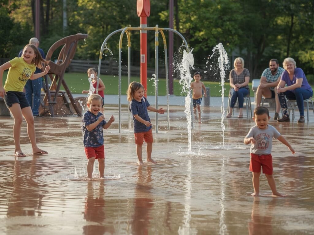 Young children playing in fountains at a splash pad while adults watch from benches in the background