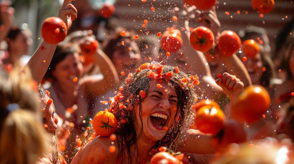 Crowd of participants covered in tomato pulp during La Tomatina festival in Buñol, Spain, with tomatoes flying through the air.