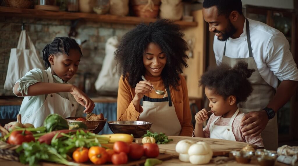 Family cooking together with fresh vegetables on the counter in a cozy kitchen