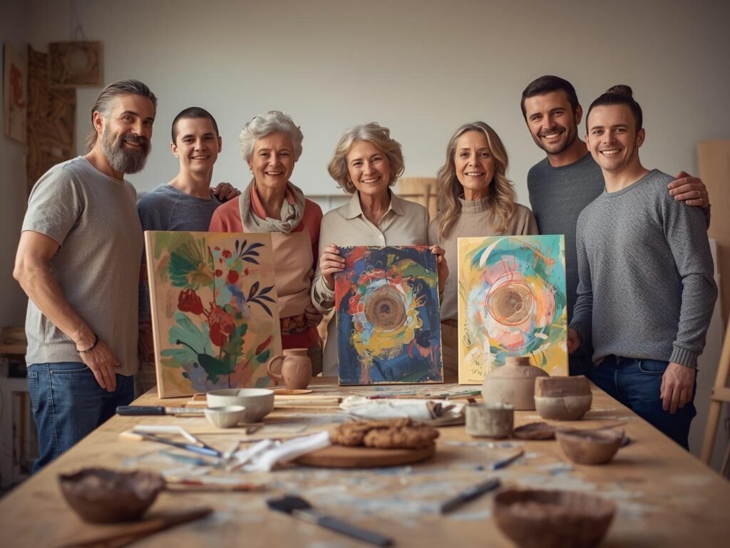 Multigenerational family standing in a studio and holding up colorful paintings while finished pottery and baked treats sit on the worktable in front of them.