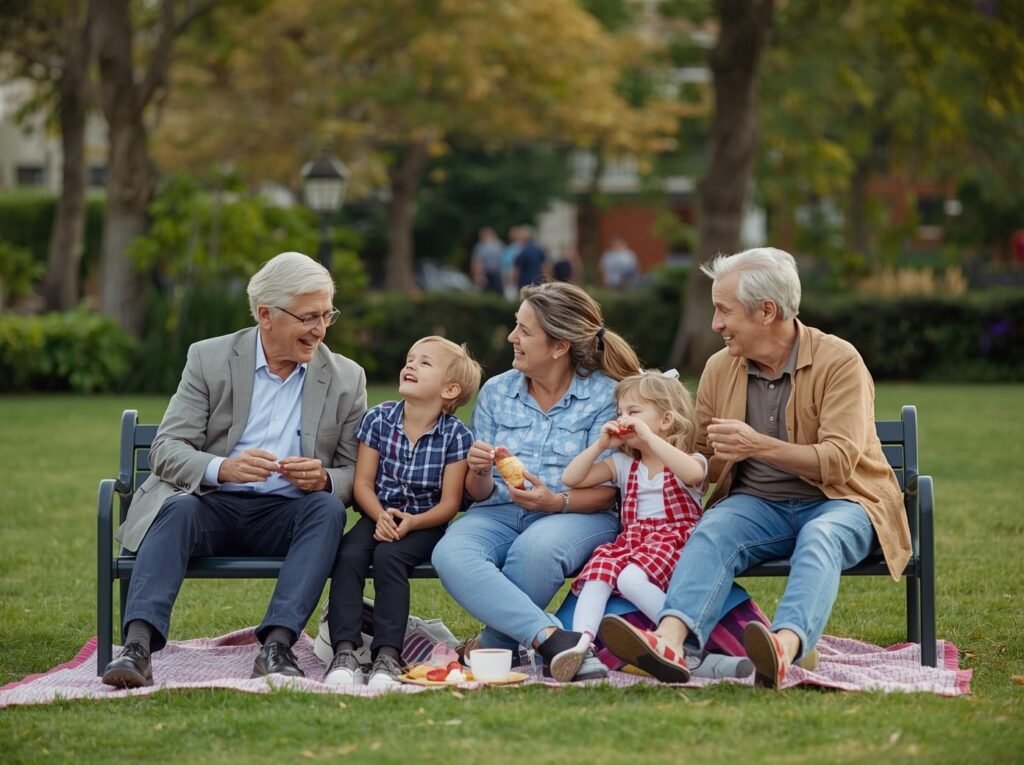 Grandparents, parent, and two young children sharing snacks together on a bench and blanket in a park during a relaxed family outing