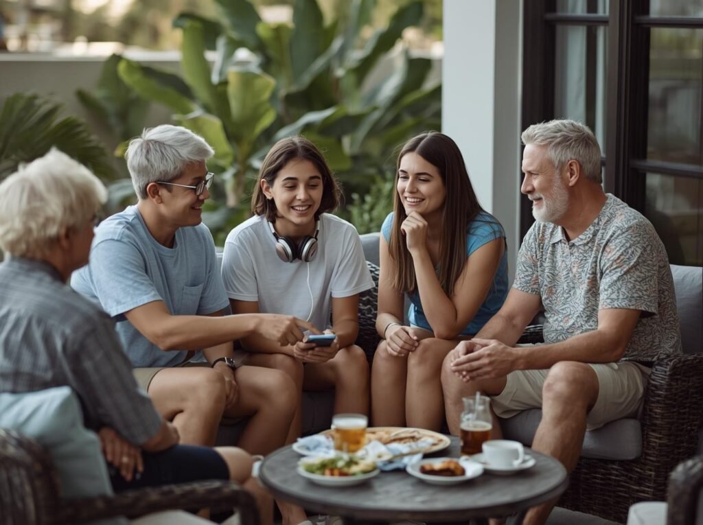Grandparents, parents, and teenagers sitting together on a patio, looking at a phone and discussing plans for their vacation.