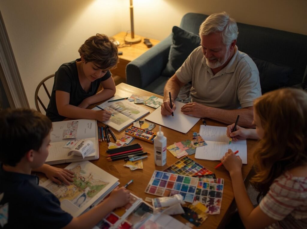 Grandparent and kids gathered around a table in a vacation rental, sketching, painting, and making small collages from travel papers