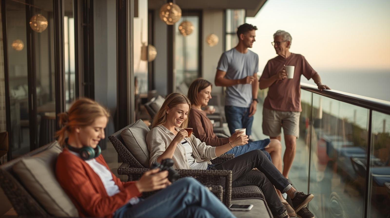 eens and adults relaxing together on a hotel balcony at sunset, sipping drinks and looking out at the ocean during a family vacation.