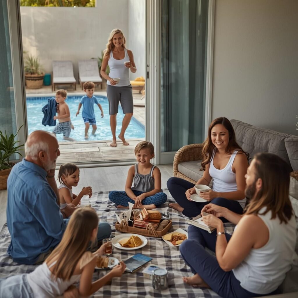 Multigenerational family sharing a casual picnic by a small pool at a vacation rental while young kids play in the water